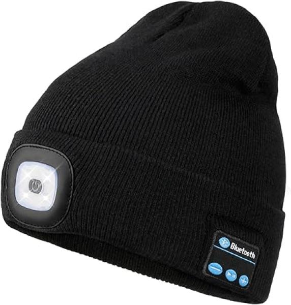 Wmcaps Bluetooth Beanie with a Light, Unisex USB Rechargeable 4 LED Fashlight Hat with Cordless Headphones, Unique Christmas Birthday Gifts for Men Him Husband Teen Black