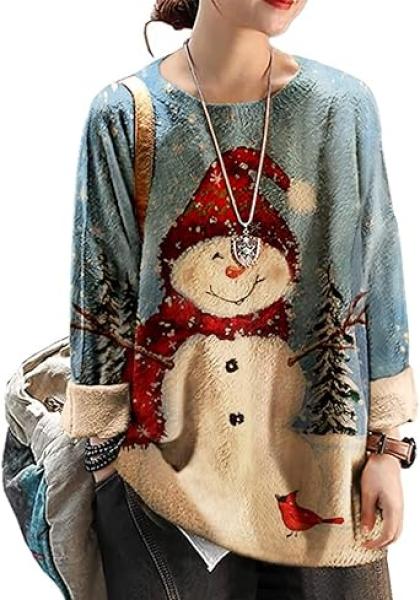 YESNO Women Christmas Sweater Graphic Printed Oversized Pullover Sweaters Casual Loose Knit Tops S01