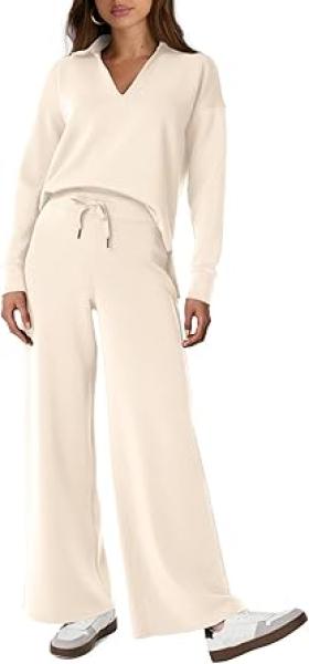 Glamaker Women 2 Piece Sets Outfits Casual Long Sleeve Sweatsuits Polo Top and Wide Leg Pants Matching Sets