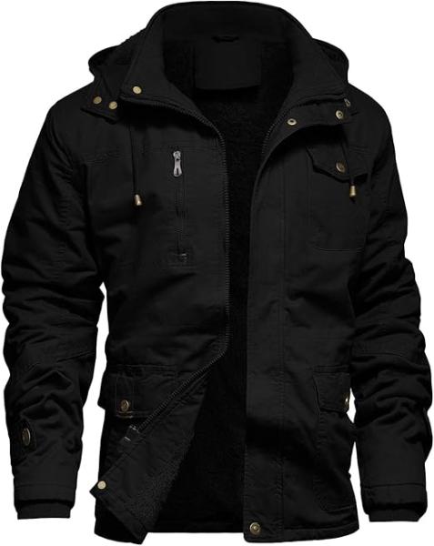 Men Winter Jacket Military Jacket Fleece Lined Warm Cargo Jackets Removable Hood Cotton Work Coat