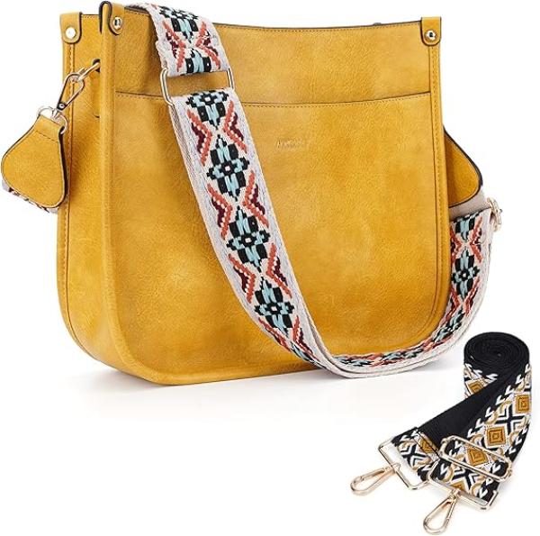 HKCLUF Crossbody Bags for Women Trendy Vegan Leather Hobo Handbags With 2PCS Adjustable Guitar Strap Shoulder Bucket Bags