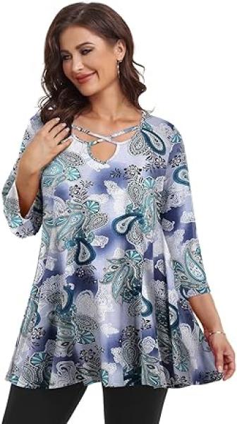 LARACE Plus Size Tops for Women V Neck 3/4 Sleeve Tunic Criss Cross Dress Shirts Casual Fall Blouse for Leggings