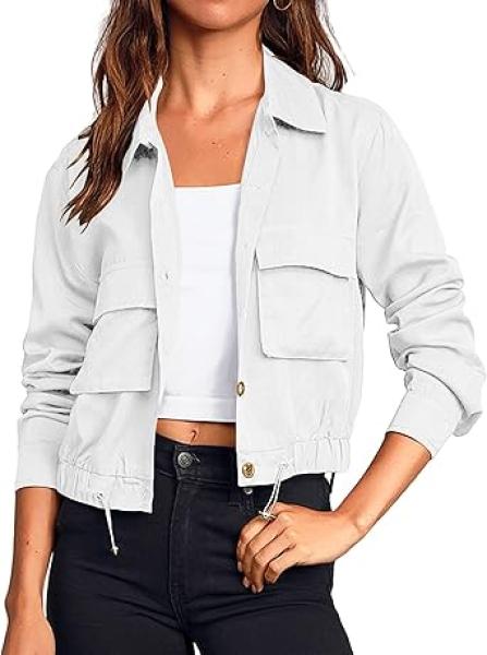 Onedreamer Womens Military Safari Cropped Jackets Button Down Lightweight Oversized Utility Anorak Coat with Pockets