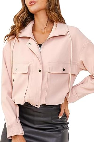 YKR Womens Casual Cropped Bomber Jackets Trendy Button Down Jacket With Pockets