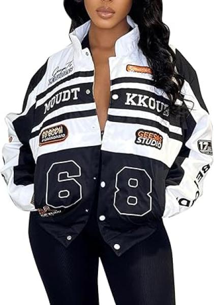 KANSOON Varsity Jacket Women Motorcycle Racer Detachable Letter Graphic Jackets Vintage Color Block Baseball Coat