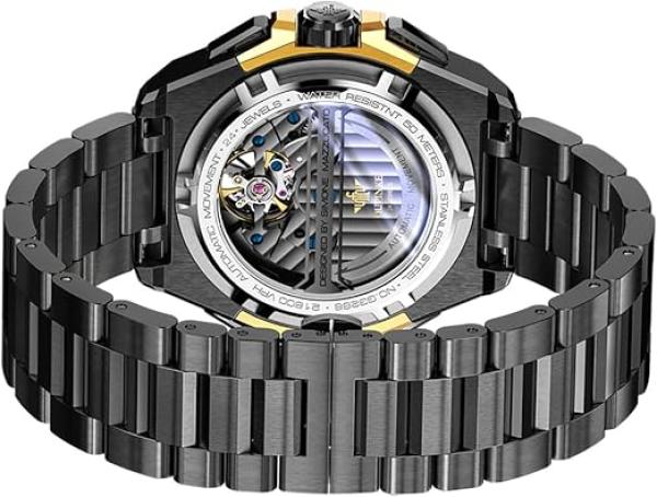 OUPINKE Watch for Men Automatic Wristwatch 3D Dial with 5ATM Waterproof Luminous Calendar Skeleton Watches-Sapphire Crystal Tungsten Steel Strap