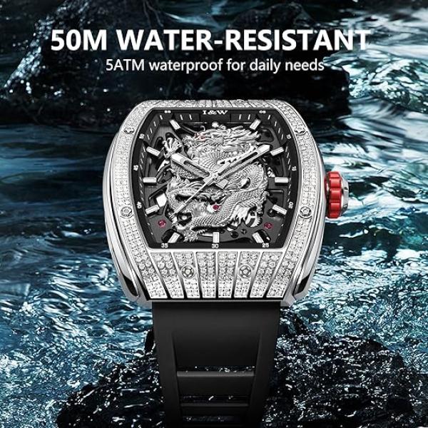 Carnival Men Wine Barrel Fully Automatic Mechanical Watch,Luxury Sport Waterproof 50m Men Wristwatch with Hollow Star