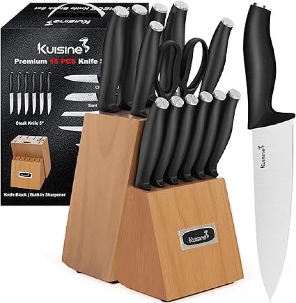 Kuisine Chef Knife Set,High Carbon Stainless Steel Ultra Sharp Blade Ergonomic Handle,Kitchen Knife Block Set with Built-in Sharpener, Elegant Gift for Holiday