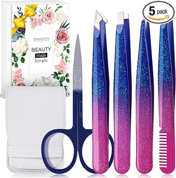 Tweezer Set for Women - Professional Precision Tweezers for Eyebrows, Facial Hair, Ingrown Hairs - Travel Grooming Kit, Stocking Stuffer