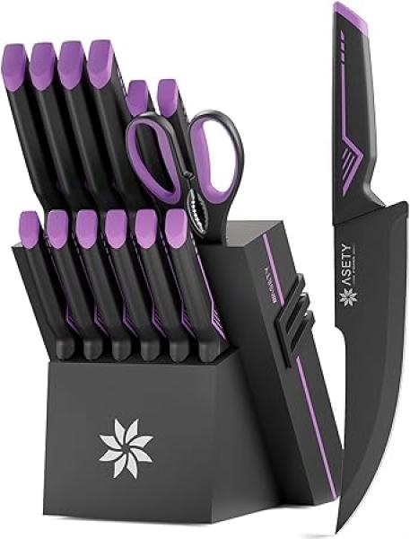 Knife Set, 15 PCS Kitchen Knife Set with Built-in Knife Sharpener Block, Stainless Steel Knife Block Set, Dishwasher Safe Mordern Knife Set, Elegant Box for Christmas