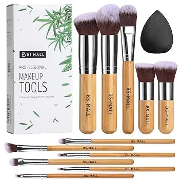 BS-MALL Makeup Brush Set 11Pcs Bamboo Synthetic Kabuki Brush Set Foundation Powder Blending Concealer Eye shadows Blush Cosmetics Brushes with Organizer Bag  Makeup Sponge