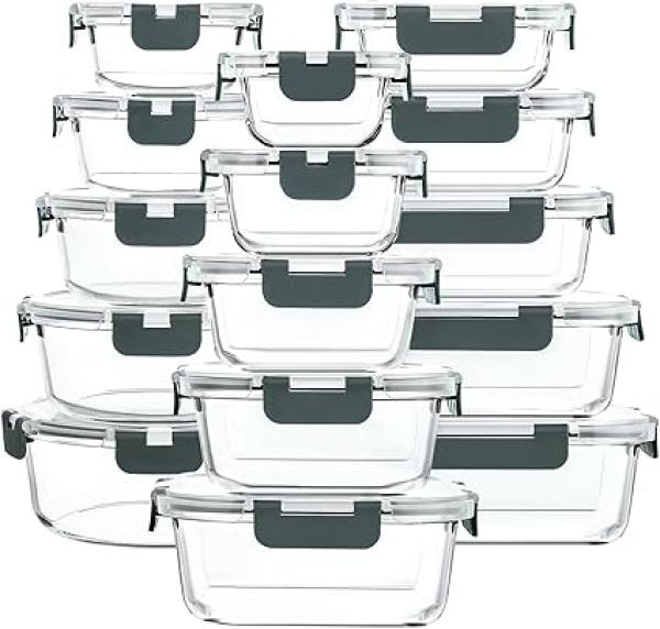 M MCIRCO 30 Pieces Glass Food Storage Containers with Snap Locking Lids,Glass Meal Prep Containers Set - Airtight Lunch Containers, Microwave, Oven, Freezer and Dishwasher