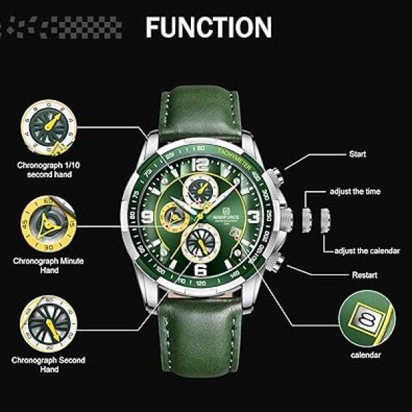 NAVIFORCE Sport Watches for Men Analog Quartz Chronograph Leather Strap Wrist Watch