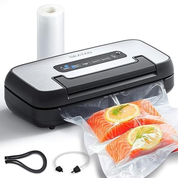 Vacuum Sealer Machine, SEATAO 80Kpa Food Vacuum Sealer Machine Preservation Dry/Moist Modes, Handle Locked Design, Removable Drip Tray, Built-in Cutter and Bag Storage