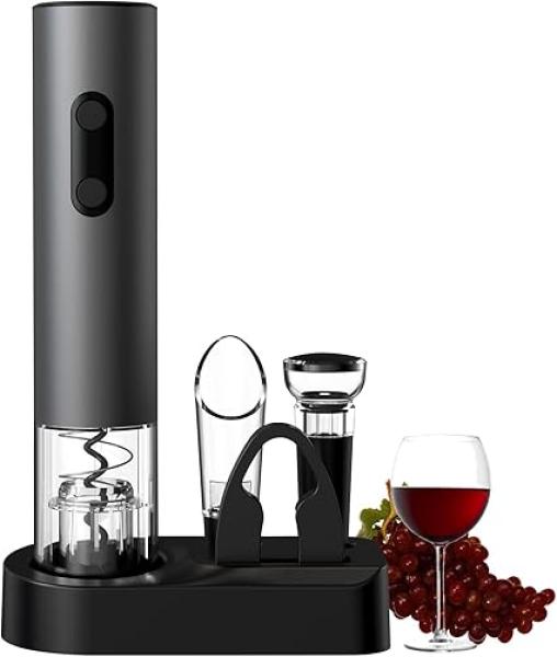 COKUNST 4-in-1 Electric Wine Opener Set, Cordless Automatic Stainless Steel Corkscrew with Base, Battery Operated Wine Bottle Opener with Foil Cutter, Wine Pour, Vacuum Stoppers, Gift for Home Party