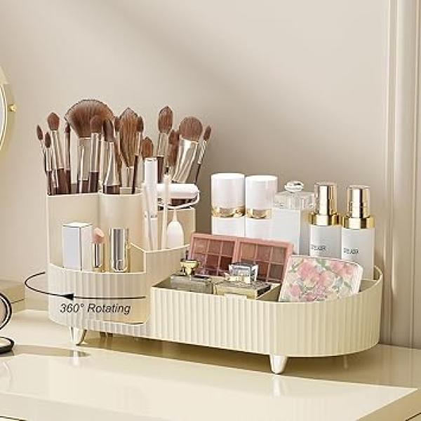 Makeup Organizer Countertop Rotating Makeup Organizer for Vanity Large Capacity Cosmetic Display Case with Makeup Brush Holder Cosmetic Organizer Countertop（Cream）