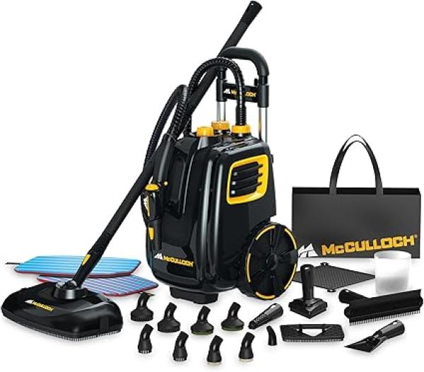 McCulloch MC1385 Deluxe Canister Steam Cleaner with 23 Accessories, Chemical-Free Pressurized Cleaning for Most Floors, Counters, Appliances, Windows, Autos, and More, 1-(Pack), Black