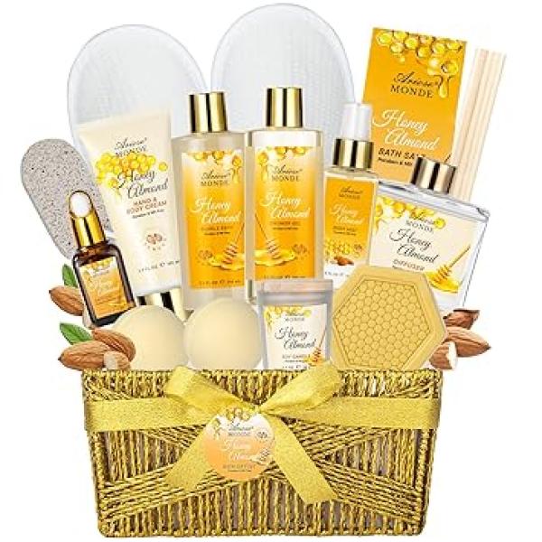 Bath Body Gift Set, Luxury Home Spa Bath Gift Basket, Honey Almond Scented Bath Set, Pamper Gifts for Women  Teens, 15 Pcs Relaxing Home Spa Kit with Bubble Bath, Bath Salts, Body Lotion