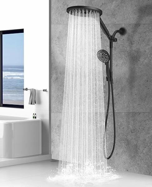 Dual Handheld Shower Head Combo, 2-in-1 Rain Shower Heads System 8 Inch Rainfall Shower Head and 10 Modes High Pressure Hand Held Showerhead with Built-in Power Wash