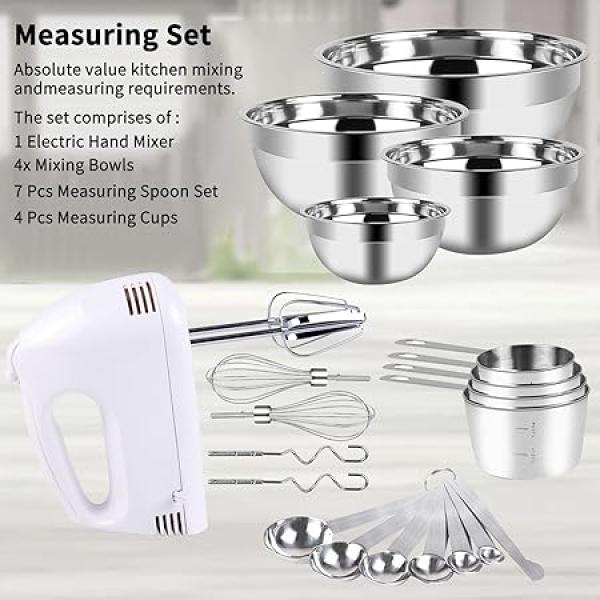 Hand Mixer Electric Mixing Bowls Set, 5 Speeds Handheld Mixer with 4 Nesting Stainless Steel Mixing Bowl, Measuring Cups Spoons 200W Kitchen Blender Whisk Beater Baking Supplies For Beginner