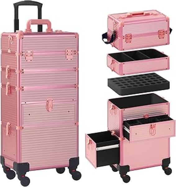 Rolling Makeup Case with Drawer, Makeup Train Case, 4 in 1Cosmetology Case on Wheels, Christmas Gift, Large Makeup Case Organizers, Profesional Cosmetic Case for Salon Barber, Light pink