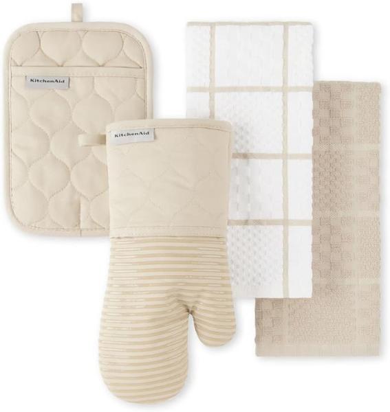 KITCHENAID Quilted Cotton Terry Cloth Oven Mitt, Pot Holder, Kitchen Towel 4-Pack Set, Heat Resistant, Silicone Grip, Gift Set, Milkshake,