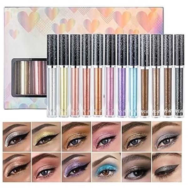 BestLand 12 Colors Liquid Glitter Eyeshadow Set, Multi-dimensional Metallic Glitter Shimmer Smokey Eye Looks Waterproof Long Lasting Quick-Drying Sparkling Eye Shadow Makeup Kits