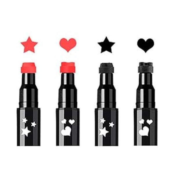 Red and Black Liquid Eyeliner and Heart Star Stamp Set│4 PCs Winged Eye Liners and Fun Shapes Stamps, Dual ended 2-in-1 Eye Makeup Pen