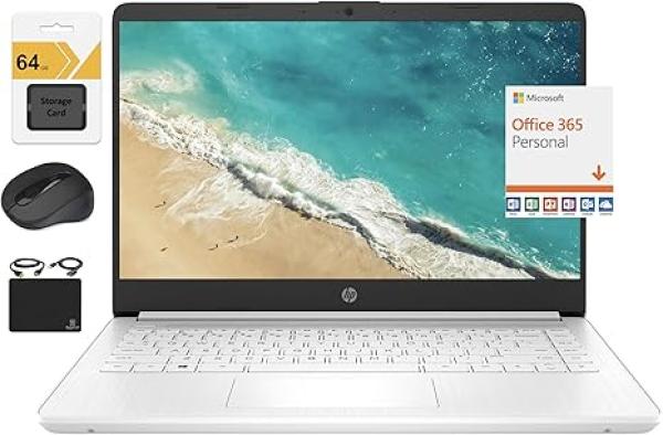 HP 2023 Newest 14 HD Ultral Light Thin Laptop, Quad-Core Intel Celeron Processor, 4GB RAM, 128GB (64GB eMMC+ 64GB SD), Wi-Fi, Upto 11 Hours, Windows 11 S + 1 Year Office 365+HubxcelAccessory, White