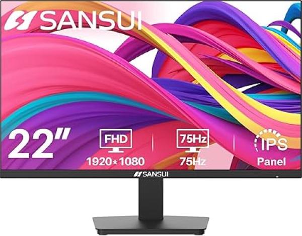 SANSUI Monitor 22 inch IPS Panel 1080p FHD 75Hz Computer Monitor with HDMI VGA, Ultra-Slim Bezel Ergonomic Tilt Eye Care LED Display for Home Office (ES-22F1 HDMI Cable Included)