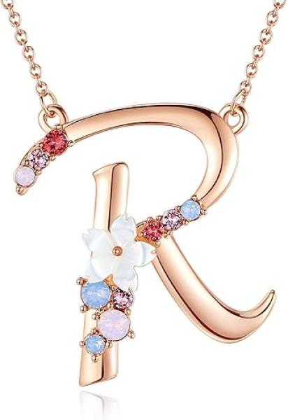 Flower Initial Letter Necklace Pink Red Blue Simulated Pearl Pendant Name Jewelry Made with Austrian Crystals Rose Gold Plated Anniversary Birthday Gifts for Women,18+2