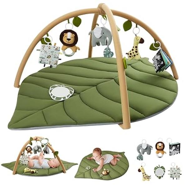 Blissful Diary Baby Play Gym Activity Mat, Oversize Leaf Shaped Baby Play Mat w 6 Detachable Toys, Tummy Time Mat Promote Motor Skills Sensory Development Mat, Newborn Infant Baby Essentials Gift